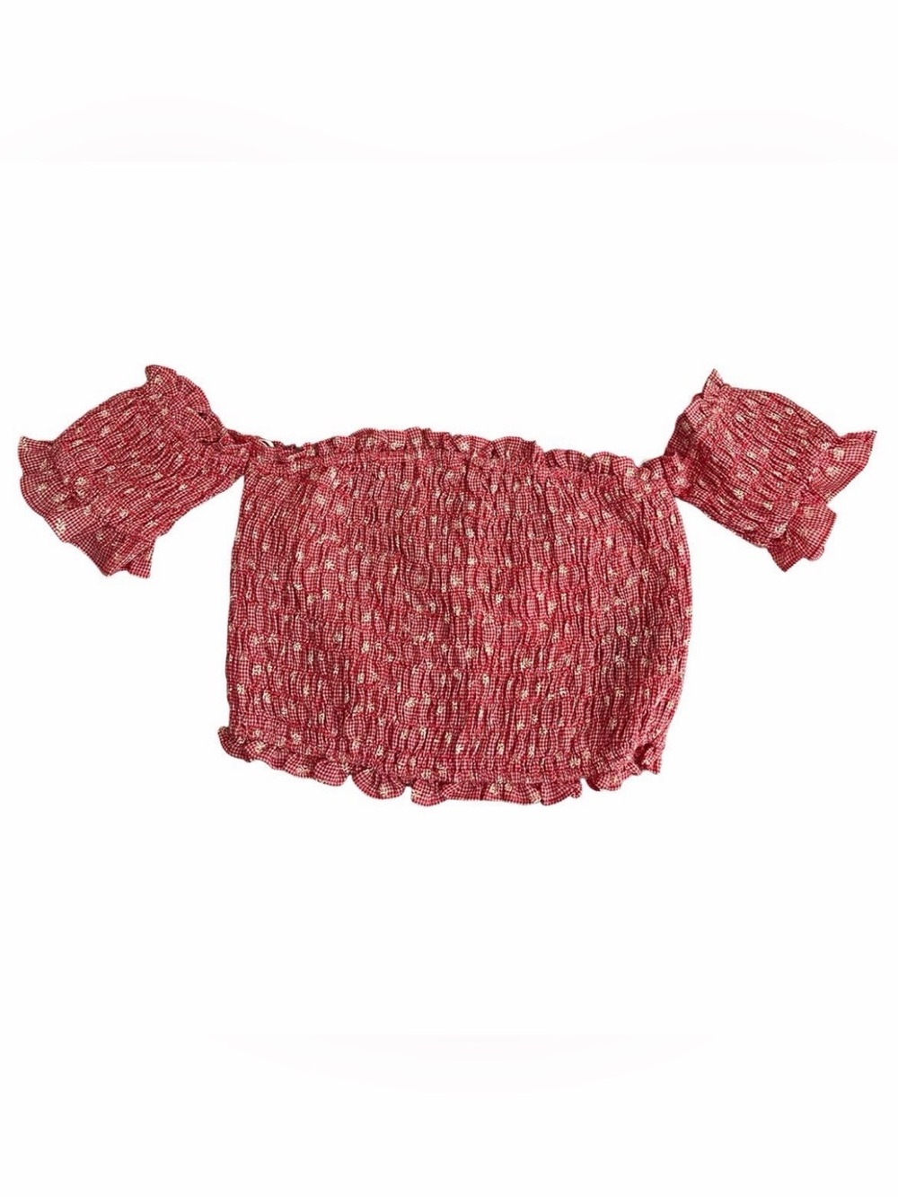 lèRumi Red Floral Gingham Smocked Off Shoulder Crop Top XS NWT